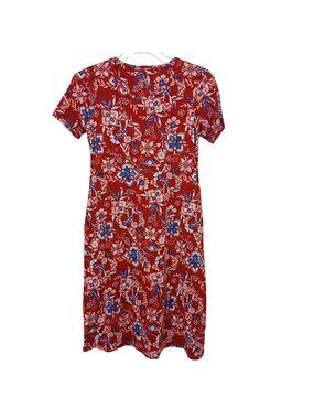 Denim & Co QVC Red Floral Print Short Sleeve Midi Dress XXSP Cotton Blend #I-4